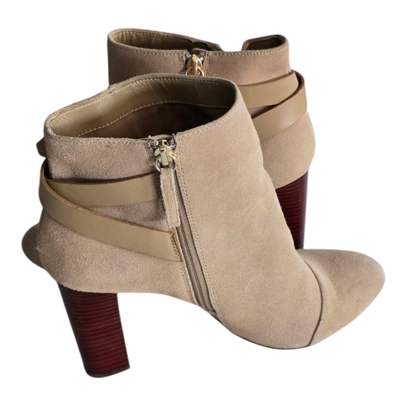 WHBM Ankle Boots Women  10M Tan Suede Crisscross Block Heel Buckle Party - Picture 1 of 16